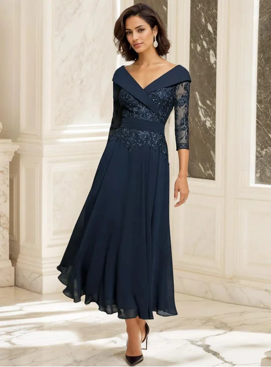 A-Line Mother of the Bride Dress Wedding Guest Sweetheart Ankle Length Chiffon 3/4 Length Sleeve with Lace