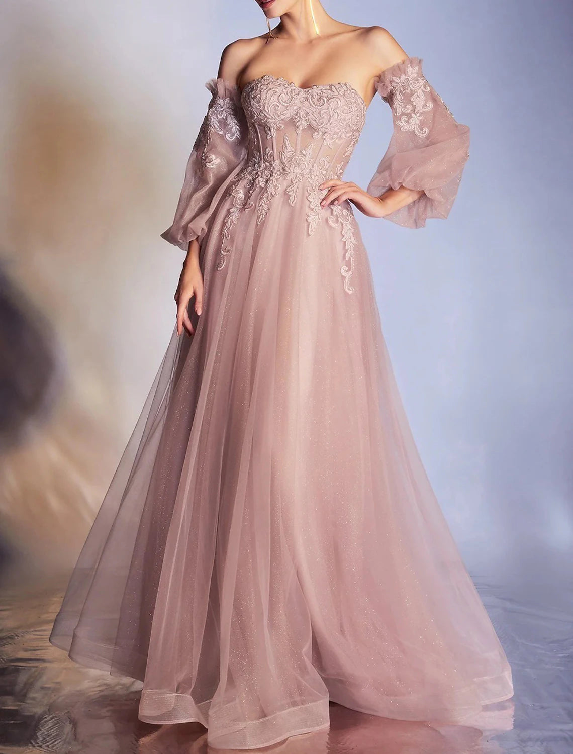 A-Line Prom Dresses Elegant Dress Formal Prom Floor Length 3/4 Length Sleeve Off Shoulder Lace Backless with Appliques