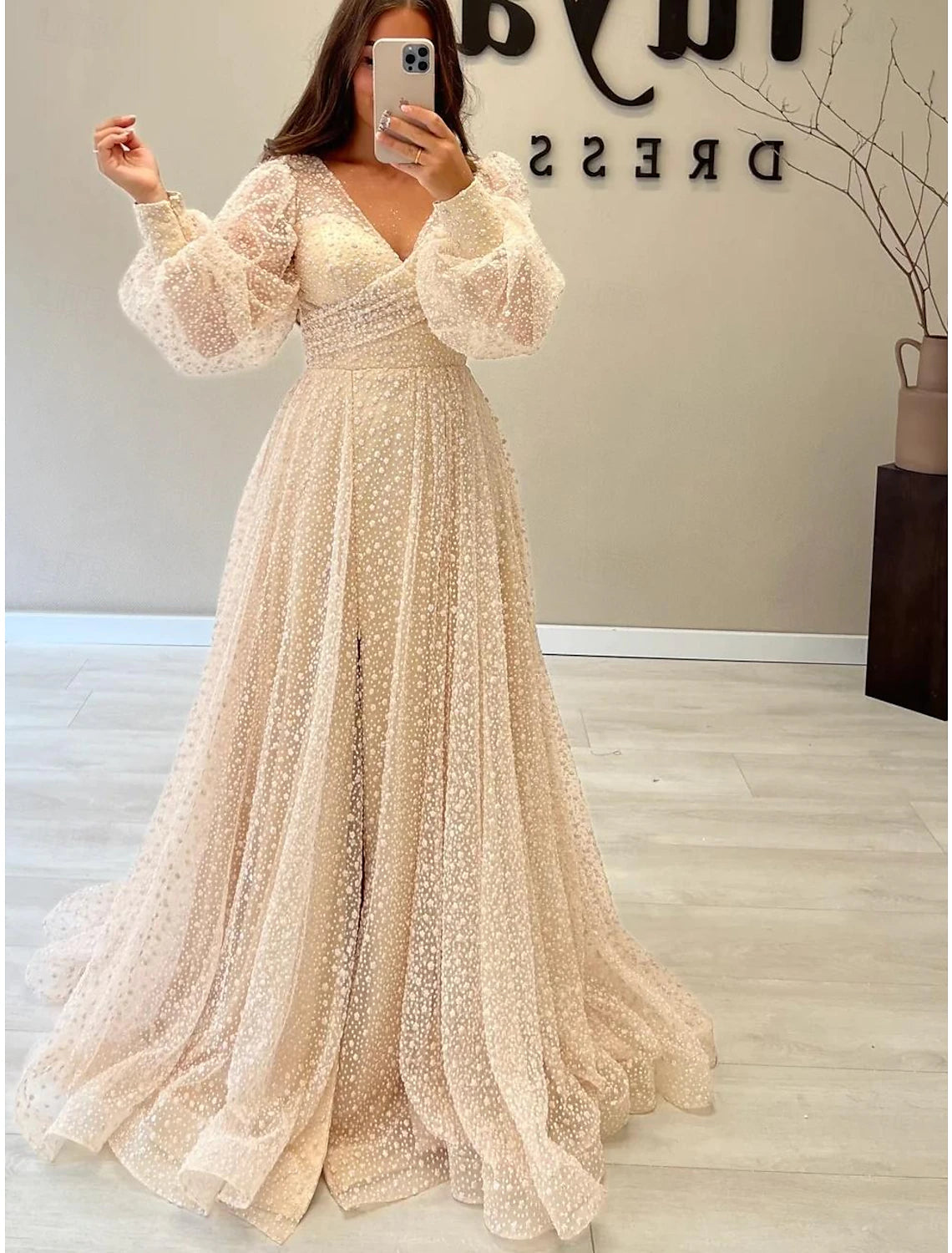 A-Line Prom Dresses Elegant Dress Formal Prom Floor Length Long Sleeve V Neck Sequined with Glitter Sequin