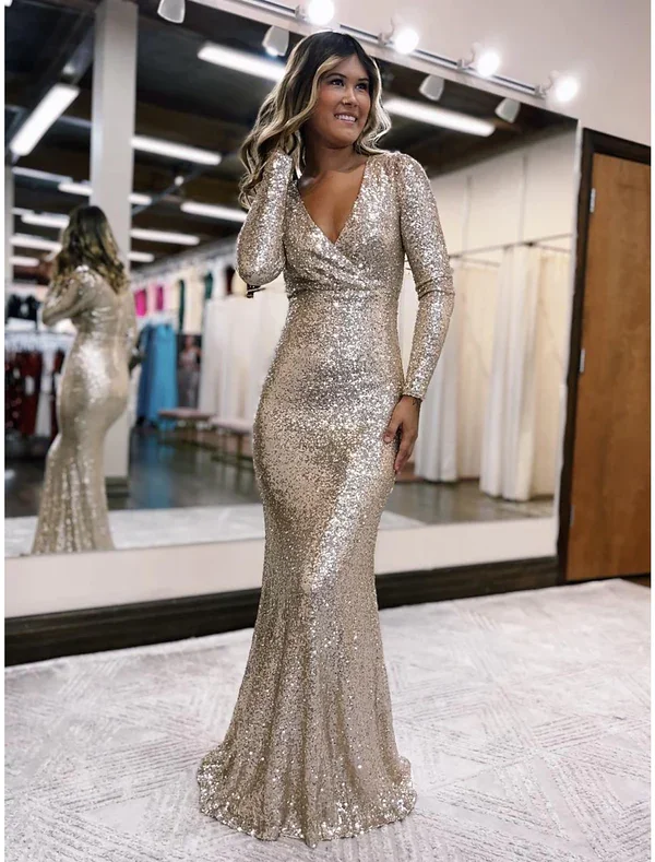 Silver Sequined V Neck Long Sleeves Mermaid Long Prom Dress,DP1201