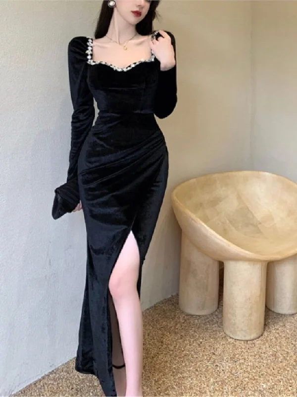 Black Long Sleeves Velvet Mermaid Slit Long Prom Dress with Beading,DP1539