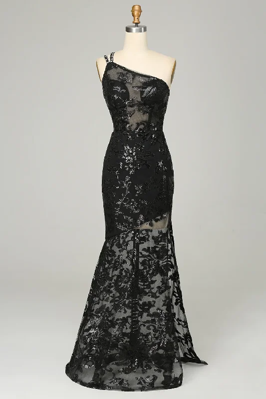 Black One Shoulder Backless Sequins Lace Long Prom Dress,DP1521