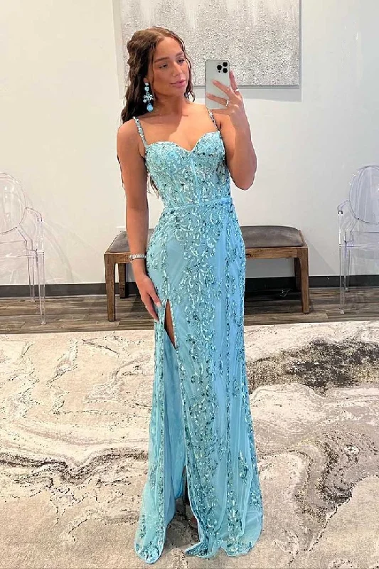 Blue Spaghetti Straps Sequined Mermaid Long Prom Dress with Slit,DP1478