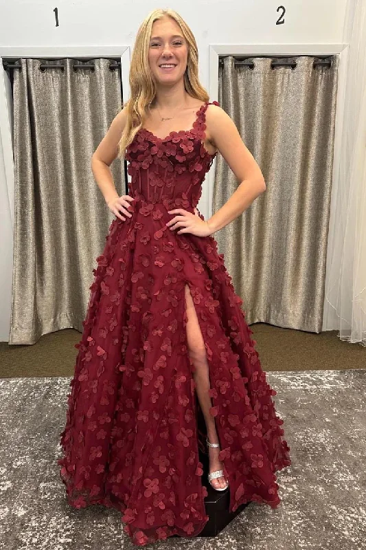 Burgundy 3D Flowers A-line Long Prom Dress Formal Gown, DP2013