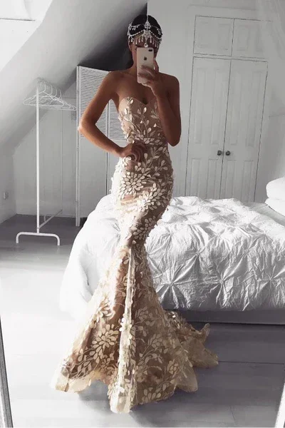 Sweetheart Lace Appliques Mermaid Long Prom Dress,DP1454