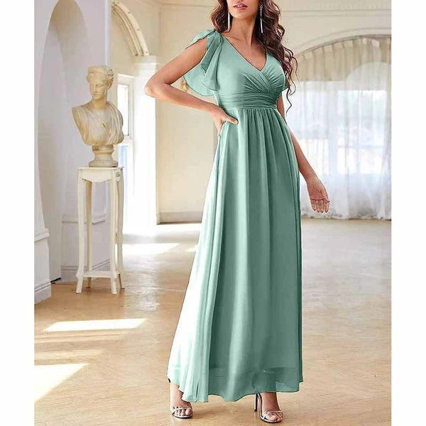 Chiffon Bridesmaid Dress V Neck Formal Dres Wedding Guest Dress With Slipt