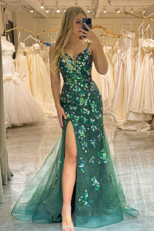 Dark Green Straps Beading Tulle Mermaid Long Prom Dress,DP1852