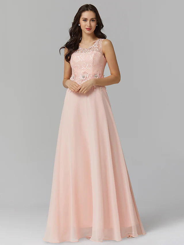 Empire Dress Wedding Guest Floor Length Sleeveless Illusion Neck Chiffon with Beading Appliques