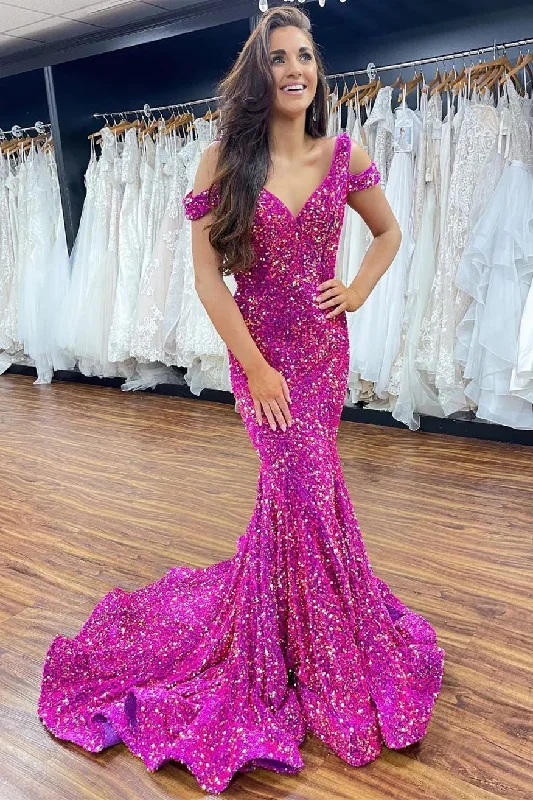 Fuchsia Off-the-Shoulder Sequins Mermaid Long Prom Dress,DP1227