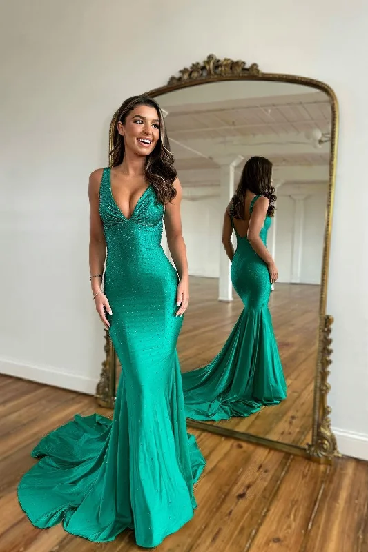 Green V Neck Backless Beads Mermaid Long Prom Dress,DP1365