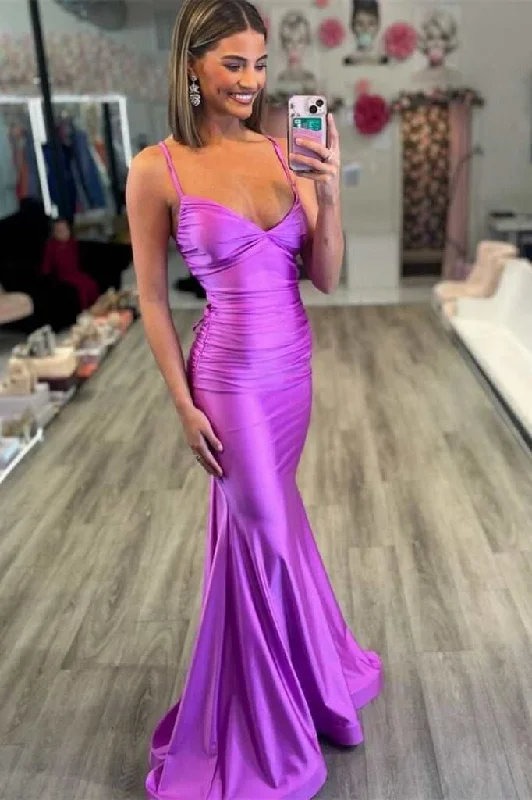 Purple Mermaid V Neck Satin Formal Party Dress,DP1185