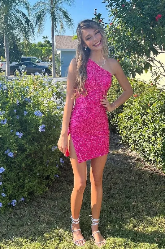 Hot Pink One Shoulder Sequins Simple Homecoming Dress, DP2552