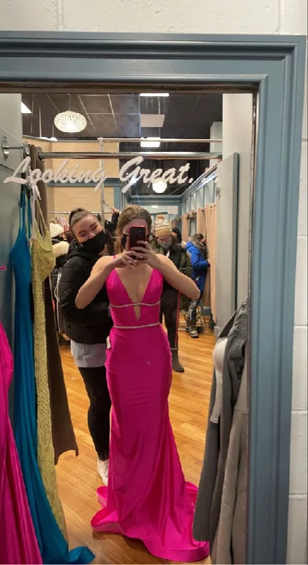 Hot Pink V Neck Backless Mermaid Long Prom Dress,DP1827