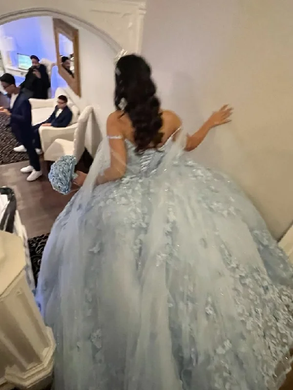 Light Blue Appliques Tulle Lace Quinceanera Dress Ball Gown, DP2709