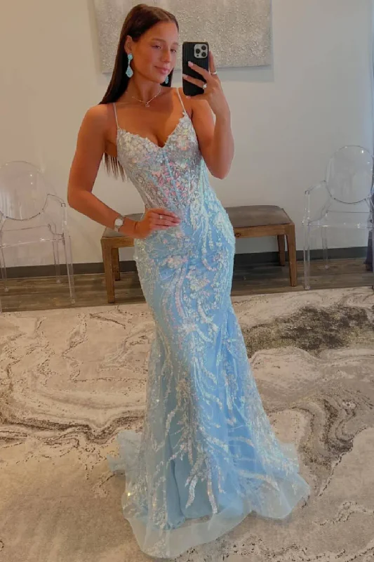 Light Blue Straps V-Neck Sequin Appliques Mermaid Long Prom Dress,DP1323