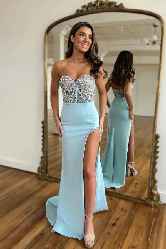 Light Blue Sweetheart Mermaid Long Prom Dress with Beading,DP1609