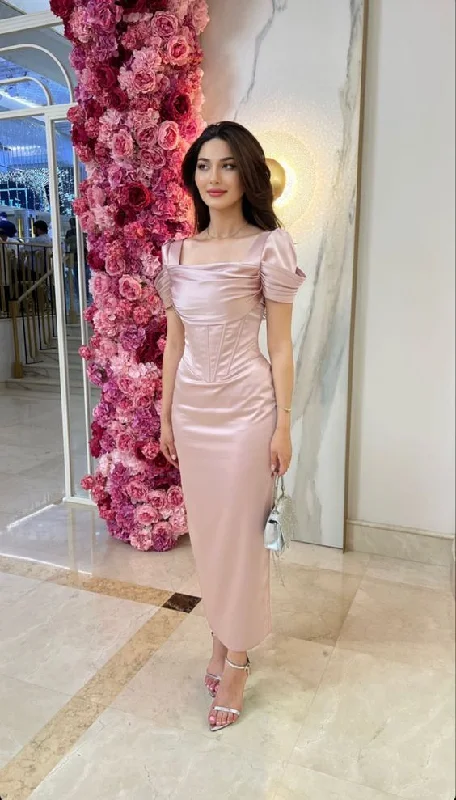 Light Pink Short Sleeves Satin Long Formal Party Dress, DP3820