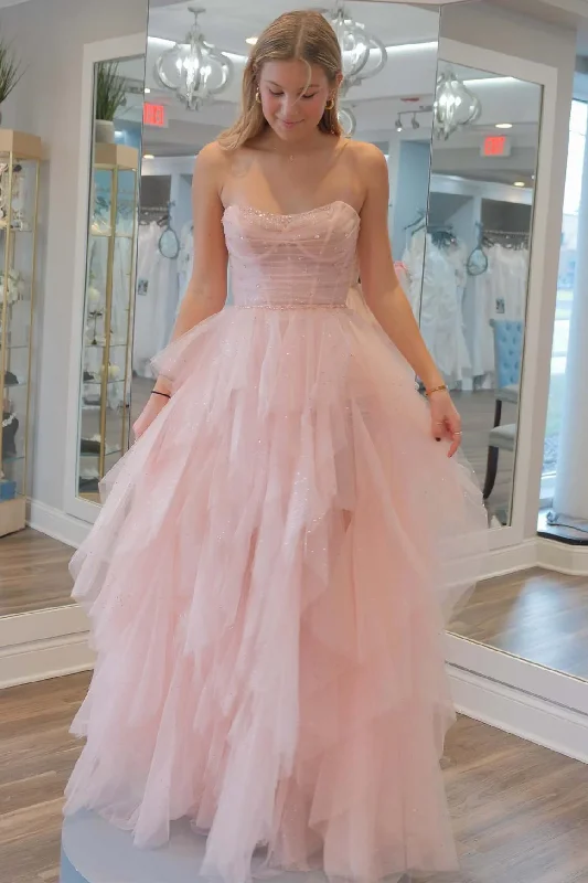 Light Pink Strapless A-Line Ruffle Tulle Long Prom Dress,DP1913