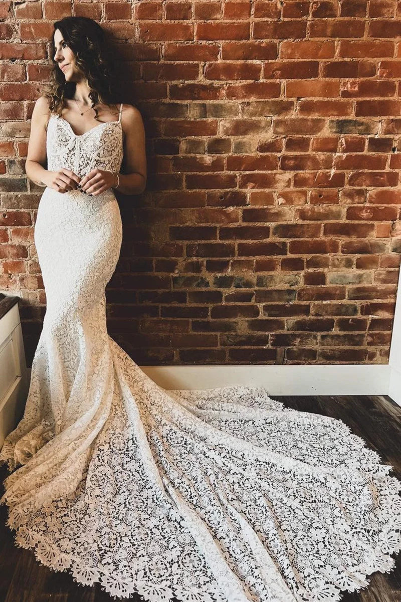 Mermaid White Lace Sweetheart Trumpet Long Wedding Dress