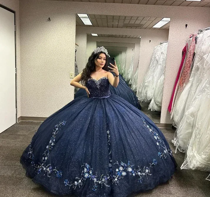 Navy Princess Quinceanera Dress Gillter Tulle Sequin Sweet 16 Ball Gown, DP2396