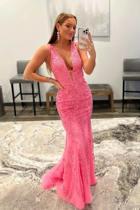 Pink Appliques Plunge Neck Open Back Mermaid Long Prom Dress,DP1312