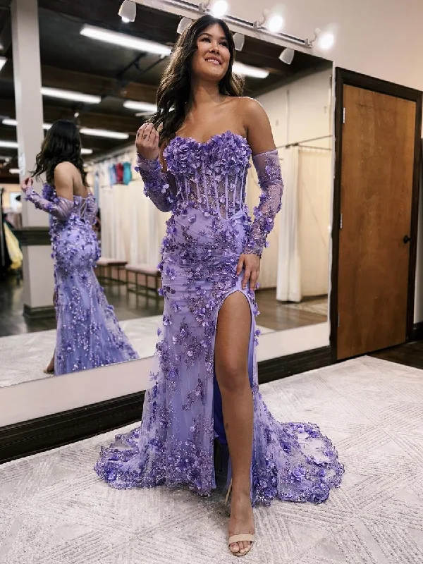 Purple Strapless 3D Flower Sequined Long Prom Dress with Slit,DP1259