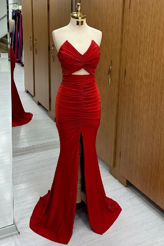 Red Strapless Twisted Knot Mermaid Long Formal Dress with Slit,DP1288