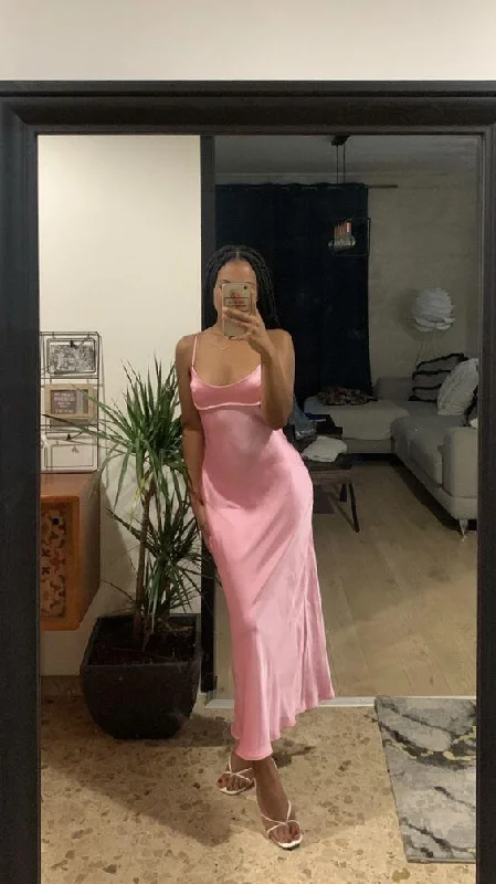 Pink Spaghetti Straps Satin Long Party Dress Wedding Guest Dress, DP3385