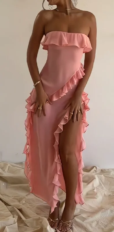 Pink Strapless Ruffles Birthday Outfits Sweet Wedding Guest Dress, DP3560