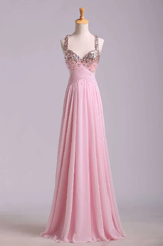 Pink Sweetheart Sequins Cross Back Chiffon Long Formal Prom Dress,DP1153