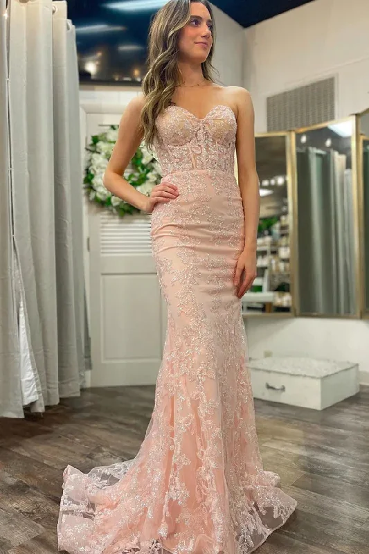 Pink Sweetheart Strapless Sequined Lace Mermaid Long Prom Dress,DP1611