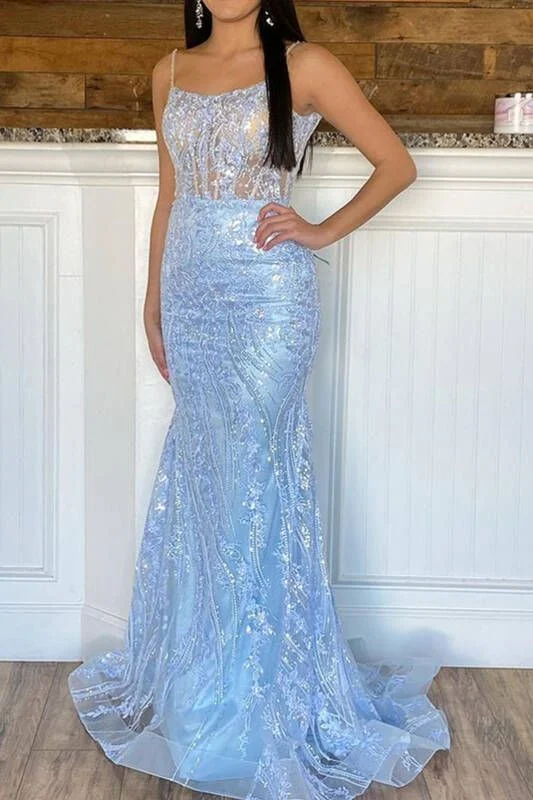 Light Blue Straps Tulle Sequins Mermaid Long Prom Dress,DP1360