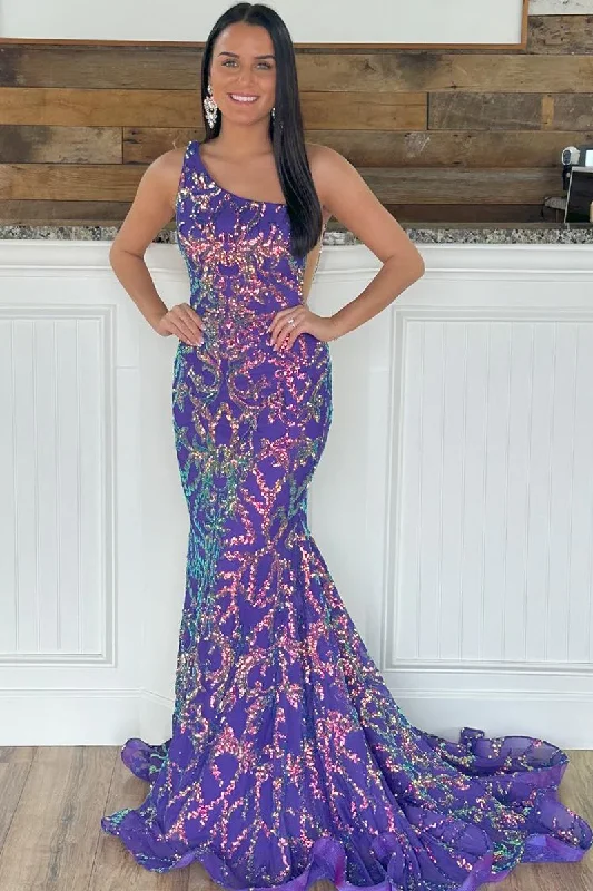 Purple One Shuolder Sequin Lace Mermaid Long Prom Dress,DP1222