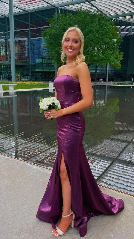 Purple Strapless Mermaid Long Formal Prom Dress with Slit,DP1514