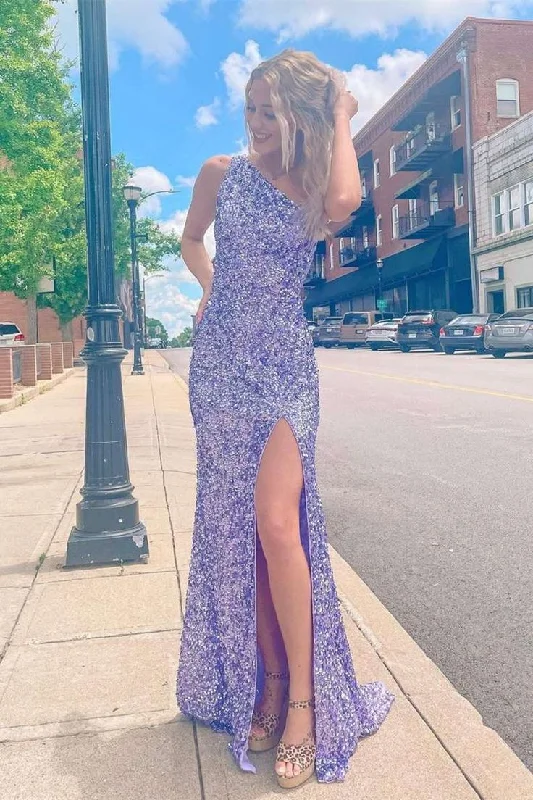 Purple One Shoulder Sequins Long Prom Dress Formal Evening Dress with Slit,DP1371