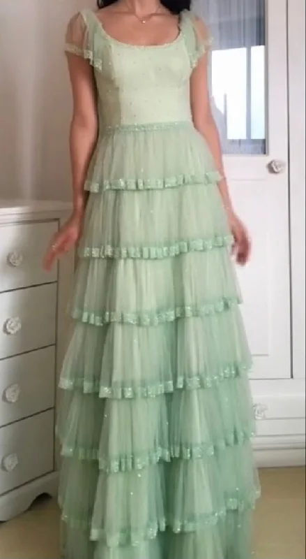 Sage Green A-Line Tiered Elegant Long Prom Dress, DP2053