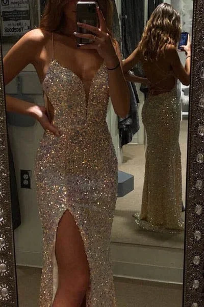 Sparkly Spaghetti Straps Sequins Mermaid Prom Dress Slit Long Formal Gown,DP1543