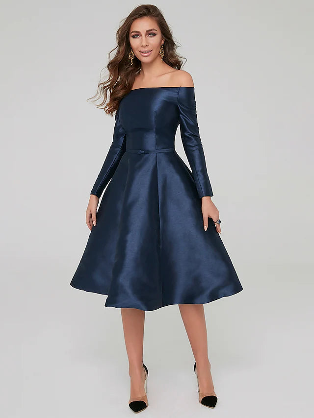 Special Occasion Dresses Party Dress Wedding Guest Knee Length Long Sleeve Off Shoulder Satin with Pleats