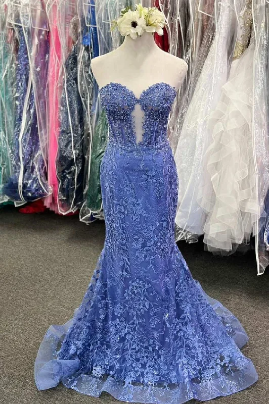 Sweetheart Periwinkle Keyhole Mermaid Long Prom Dress with Appliques,DP1558