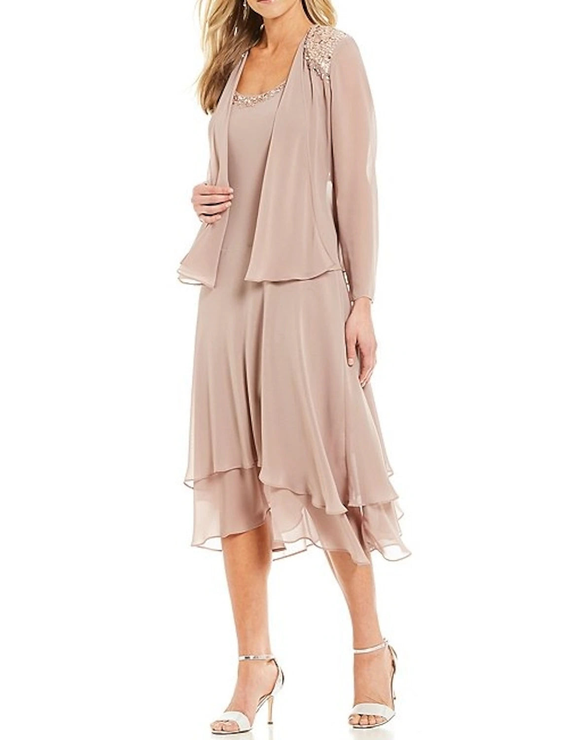 Two Piece Mother of the Bride Dress Wedding Guest Jewel Neck Tea Length Chiffon Long Sleeve with Beading