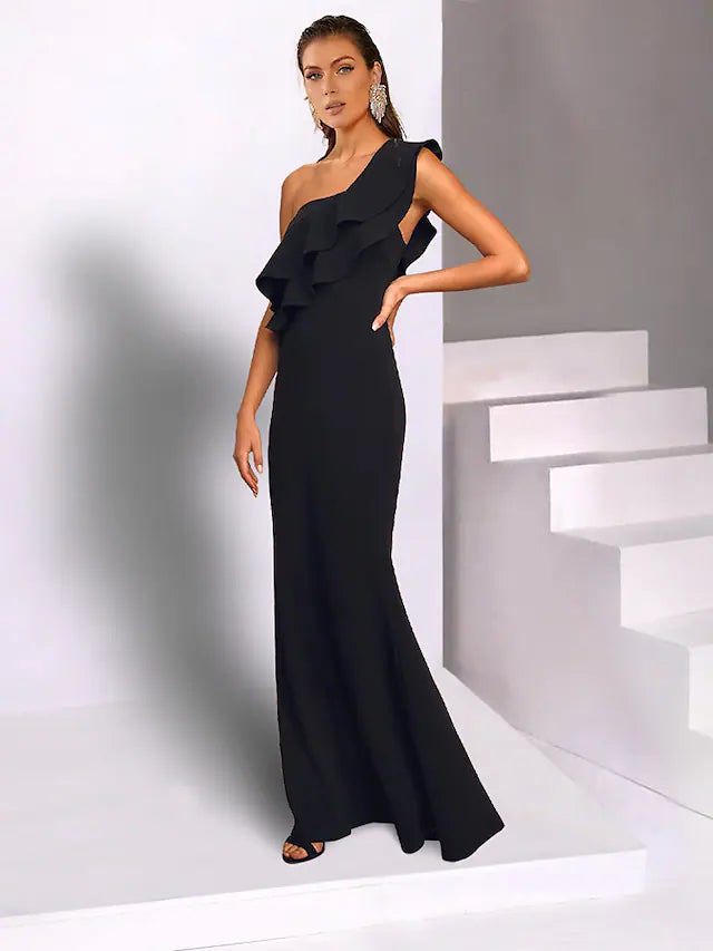 Wedding Guest Dresses Black Dress Wedding Party Floor Length Sleeveless One Shoulder Chiffon with Ruffles