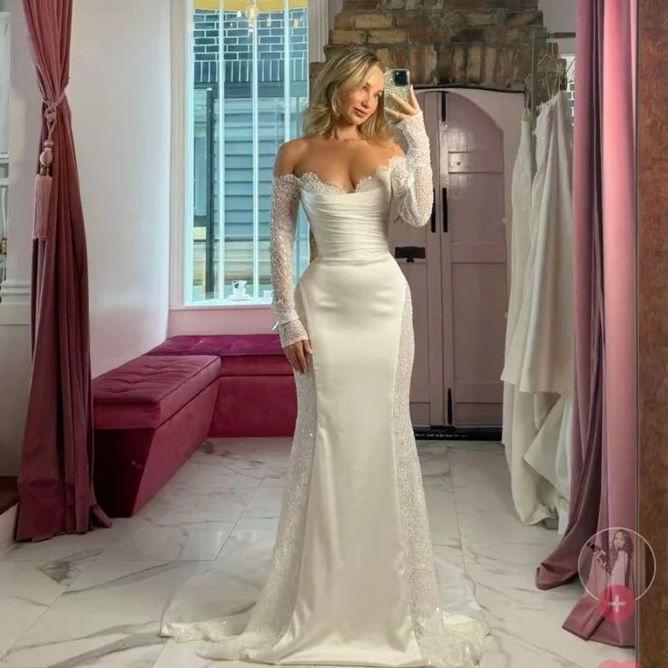 White Off Shoulder Long Sleeves Mermaid Long Wedding Dress, DP2910