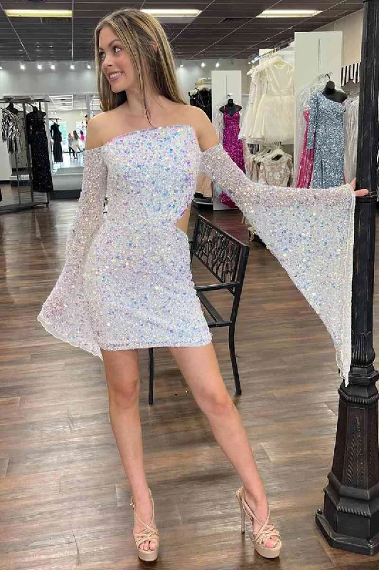 White Sequins Cut Waist Shiny Homecoming Dress, DP2167