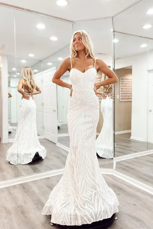 White Spaghetti Straps Sequined Mermaid Long Prom Dress,DP1589