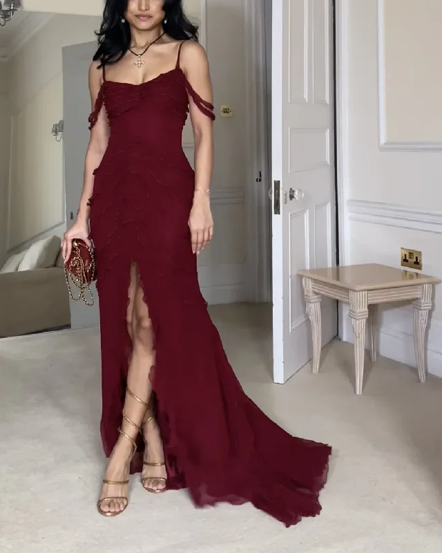 Wine Red Off Shoulder Straps Multi-layered Ruffles Long Prom Dress, DP2592