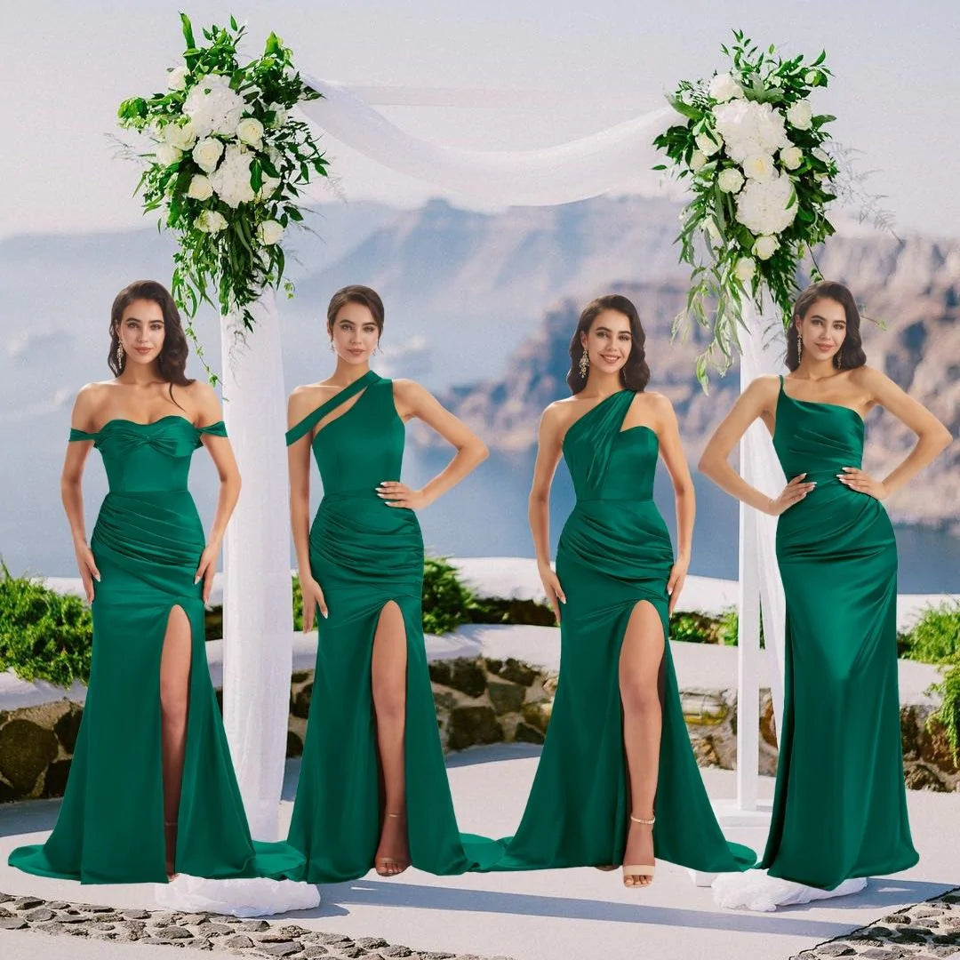 Emerald Green Sexy Chic Silky Mismatched Soft Satin Mermaid Long Bridesmaid Dresses Sale