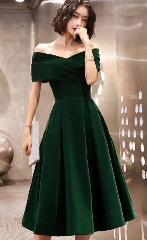 Green Velvet Off Shoulder Vintage Style Bridesmaid Dress, Tea Length Party Dress C1100