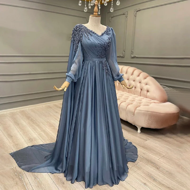 Serene Hill Blue Kralen Cape Mouwen Avond Jurken 2024 A-lijn Luxe Voor Vrouwen Wedding Party LA71550