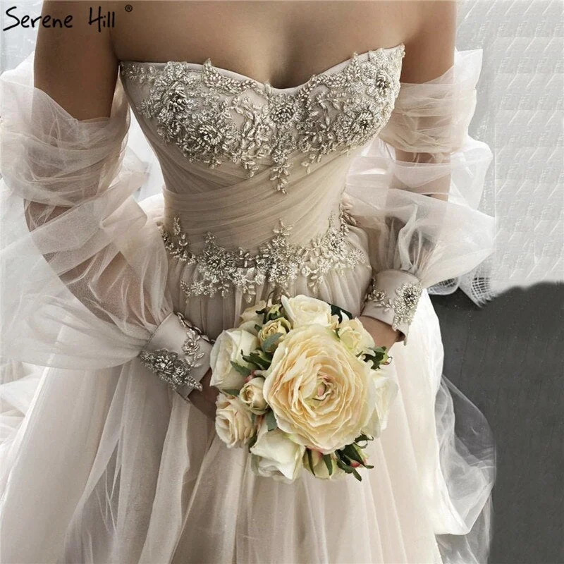 Serene Hill Champagne Lantern Sleeves Sexy Wedding Dresses 2024 Beading  Photography Bridal Gowns HA2329 Custom Made