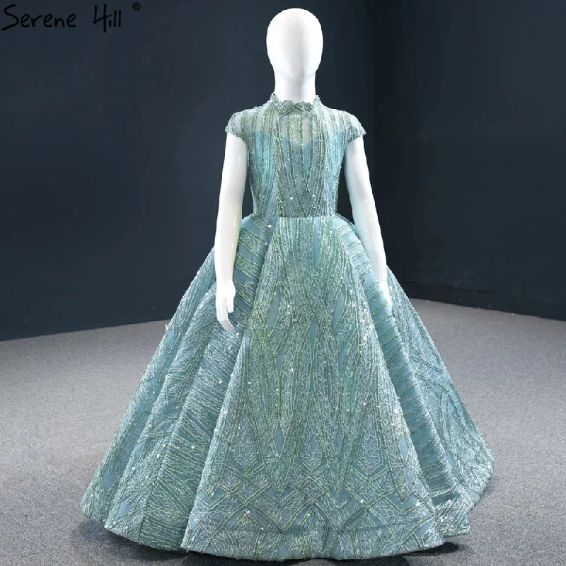 Serene Hill Clear Water Blue Sparkle Flower Girl Dresses Cap Sleeves  For Party And Wedding 2024 HTA0051